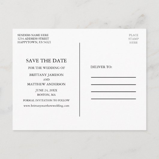 Modernes Minimalistisch Einfaches Save the Date 4 Postkarte (Rückseite)