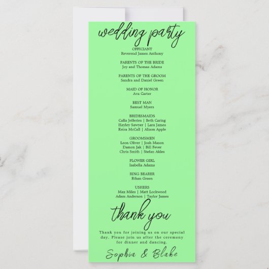 Modernes Minimalistisch-Mint-Grüne Hochzeitsprogra (Rückseite)