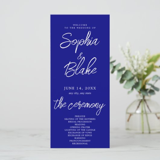 Modernes Minimalistisch Navy Blue Hochzeitsprogram (Stehend Vorderseite)