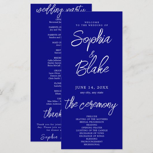 Modernes Minimalistisch Navy Blue Hochzeitsprogram (Vorne/Hinten)