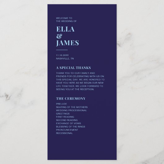 Modernes Minimalistisch Navy Blue Hochzeitsprogram Programm (Vorderseite)