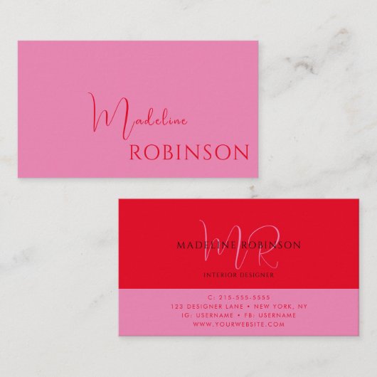 Modernes Minimalistisch rosa rotes Skript Visitenkarte (Vorne/Hinten)