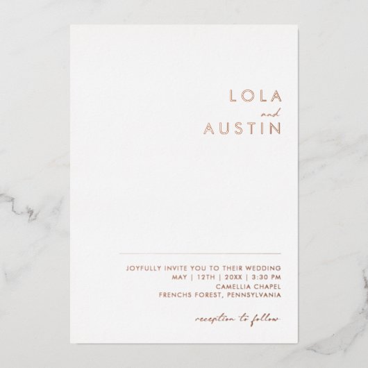 Modernes Minimalistisch | Rose Gold Lässig Hochzei Folieneinladung (Vorderseite)