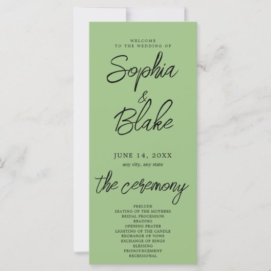 Modernes Minimalistisch Sage Green Wedding Program (Vorderseite)