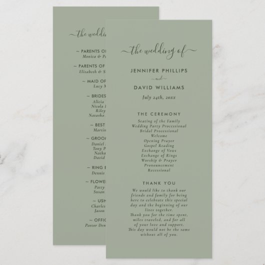 Modernes Minimalistisch Sage Green Wedding Program Programm (Vorne/Hinten)