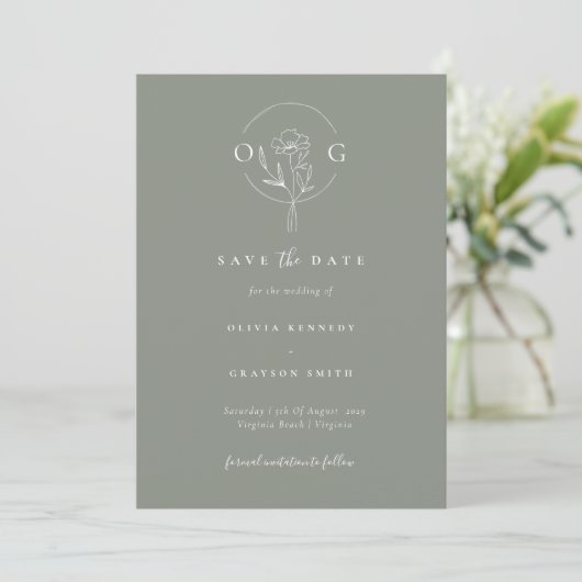 Modernes Minimalistisch Sage Green Wedgram Save The Date (Stehend Vorderseite)