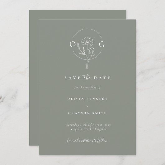 Modernes Minimalistisch Sage Green Wedgram Save The Date (Vorne/Hinten)