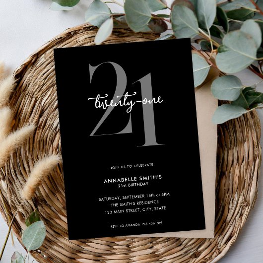 Modernes Minimalistisch Schwarz und Weiß 21. Gebur Einladung