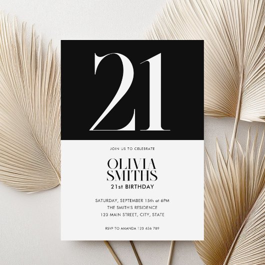 Modernes Minimalistisch Schwarz und Weiß 21. Gebur Einladung