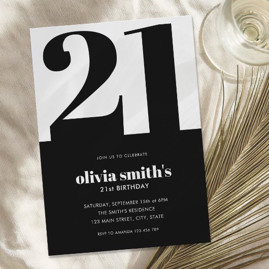 Modernes Minimalistisch Schwarz und Weiß 21. Gebur Einladung