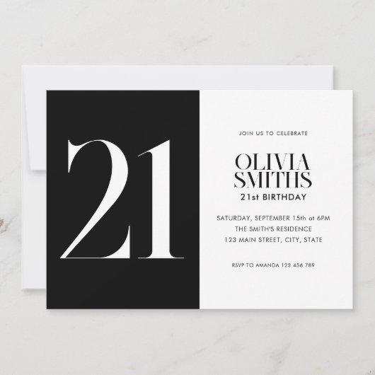 Modernes Minimalistisch Schwarz und Weiß 21. Gebur Einladung (Vorderseite)