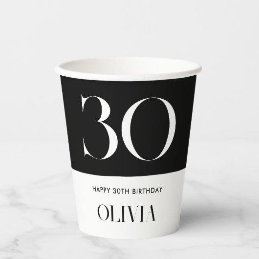 Modernes Minimalistisch Schwarz und Weiß 30. Gebur Pappbecher (Vorderseite)