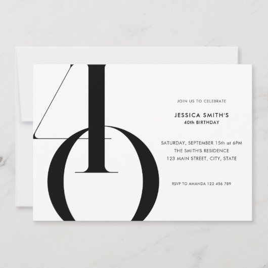 Modernes Minimalistisch Schwarz und Weiß 40. Gebur Einladung (Vorderseite)