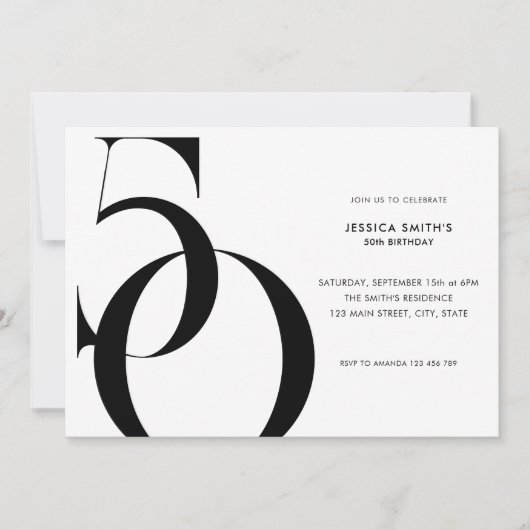 Modernes Minimalistisch Schwarz und Weiß 50. Gebur Einladung (Vorderseite)