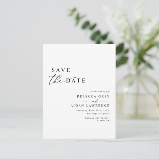 Modernes Minimalistisch Schwarz/Weiß Save the Date Postkarte (Stehend Vorderseite)