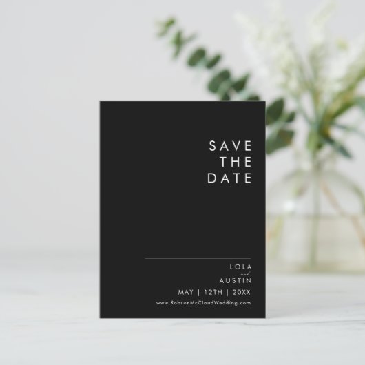 Modernes Minimalistisch | Schwarze Save the Date P Einladungspostkarte (Stehend Vorderseite)