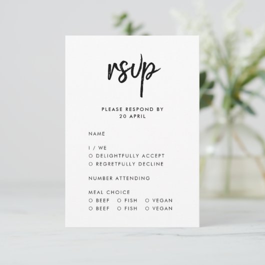 Modernes Minimalistisch | Script Meal Choice Weddi RSVP Karte (Stehend Vorderseite)