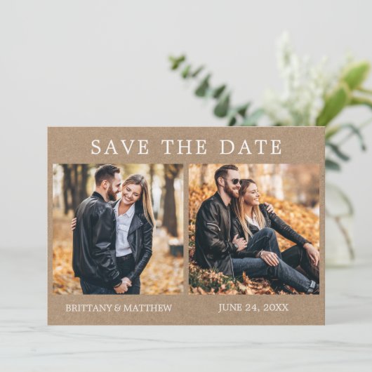 Modernes Minimalistisches 2 Foto Kraft Save The Date (Stehend Vorderseite)