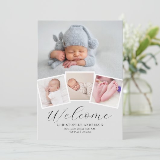 Modernes Minimalistisches 4-Foto Collage Baby Boy Ankündigung (Stehend Vorderseite)