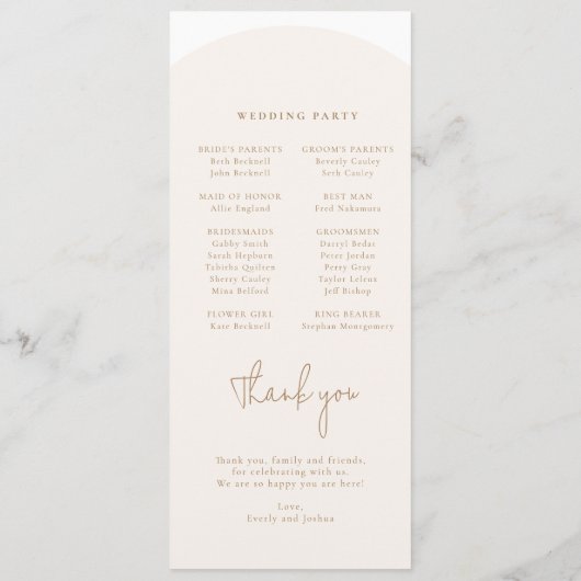 Modernes Minimalistisches Arch-Hochzeitsprogramm Programm (Rückseite)