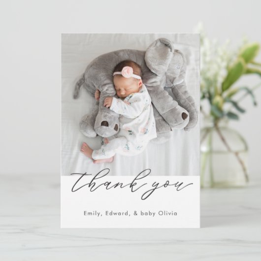 Modernes Minimalistisches Baby-Dusche-Foto Dankeskarte (Stehend Vorderseite)