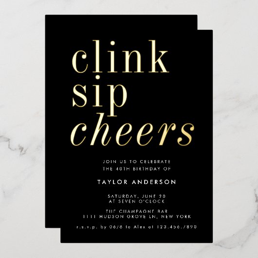 Modernes Minimalistisches Black Gold 40. Geburtsta Folieneinladung (Vorderseite/Rückseite)