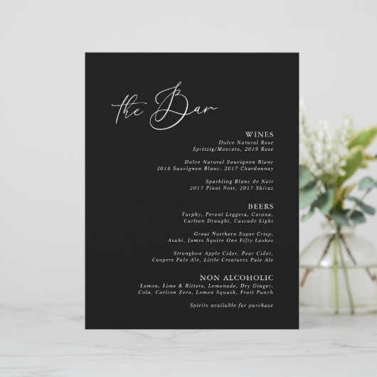 Modernes Minimalistisches Black Wedding Bar Menu (Stehend Vorderseite)