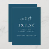 Modernes Minimalistisches Blue Script Save the Dat Ankündigungspostkarte (Vorne/Hinten)