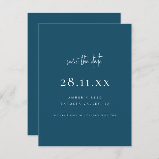 Modernes Minimalistisches Blue Script Save the Dat Ankündigungspostkarte (Vorne/Hinten)