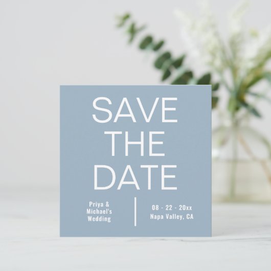 Modernes Minimalistisches Blue Square Save The Date (Stehend Vorderseite)