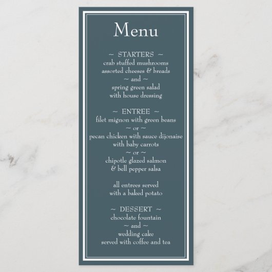 Modernes Minimalistisches Blue Wedding Menu an der Menükarte (Vorderseite)