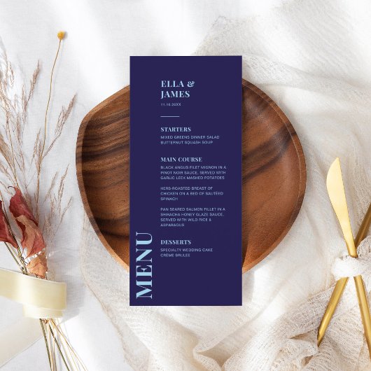 Modernes Minimalistisches Blue Wedding Menu Menükarte