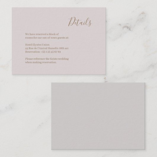 Modernes Minimalistisches Blush Gold Wedding Hotel Begleitkarte (Vorne/Hinten)