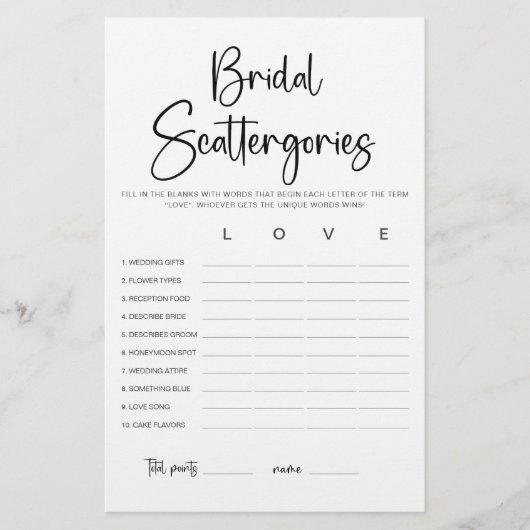 Modernes Minimalistisches Brautparty Scattergories (Vorderseite)