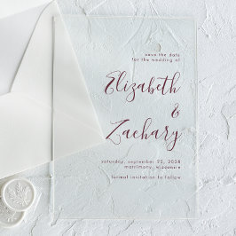 Modernes Minimalistisches Burgundy-Skript Save the Acryleinladungen