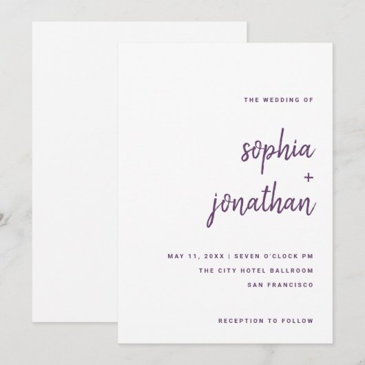 Modernes, Minimalistisches Drehbuch Lila | Hochzei Einladung (Vorne/Hinten)