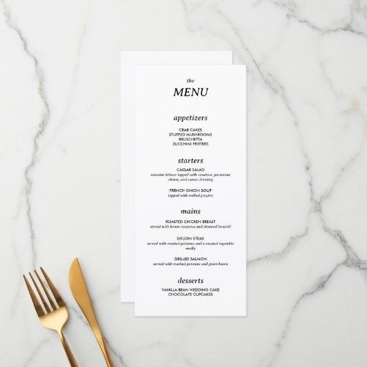 Modernes Minimalistisches, einfaches Hochzeitsmenü Menükarte (Vorderseite/Rückseite Beispiel)