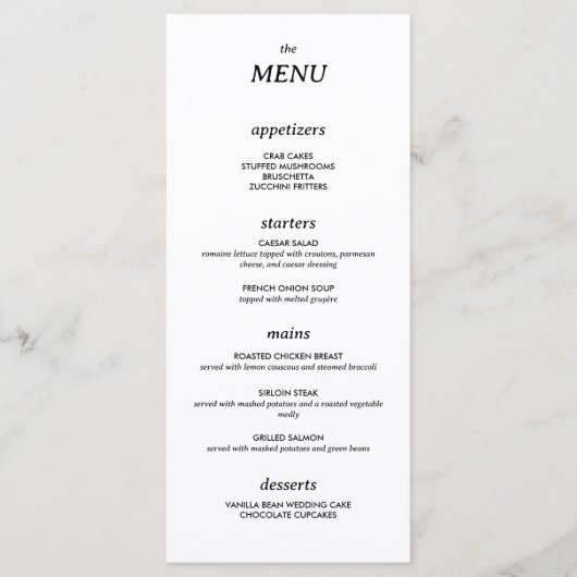Modernes Minimalistisches, einfaches Hochzeitsmenü Menükarte (Vorderseite)