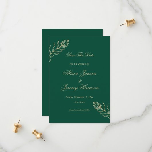 Modernes Minimalistisches Emerald & Gold Botanisch Save The Date (Vorderseite/Rückseite Beispiel)