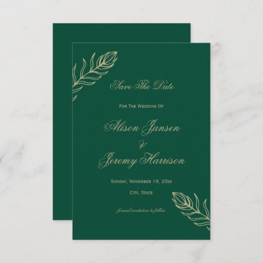 Modernes Minimalistisches Emerald & Gold Botanisch Save The Date (Vorne/Hinten)