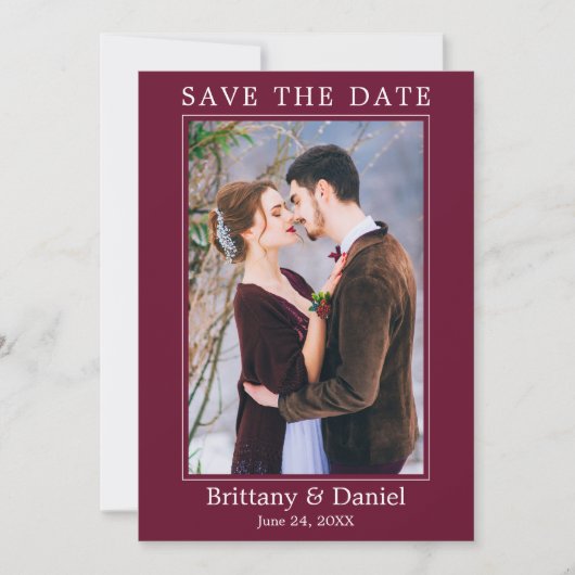 Modernes Minimalistisches Foto Burgundy Save The Date (Vorderseite)