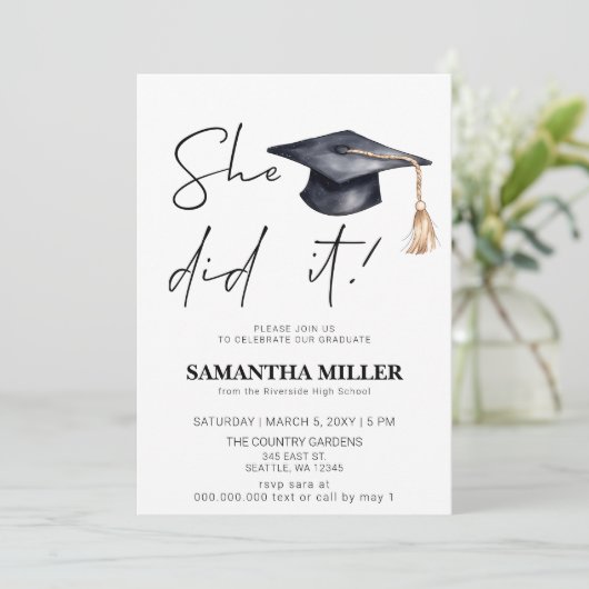 Modernes Minimalistisches Foto, das sie getan hat Einladung (Stehend Vorderseite)