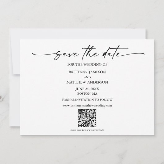 Modernes Minimalistisches Foto Script 3 QR Code Save The Date (Rückseite)