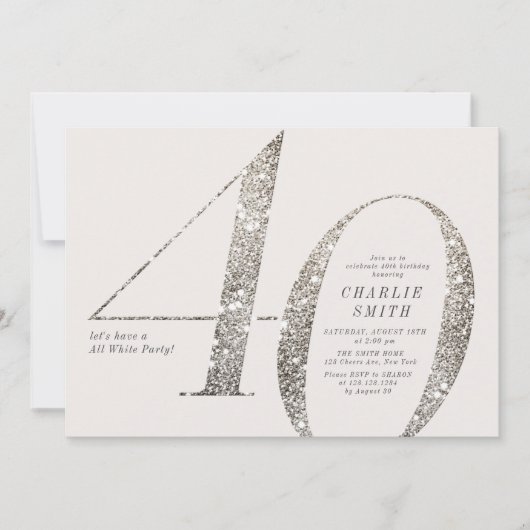 Modernes, minimalistisches, ganz weißes Party 40. Einladung (Vorderseite)