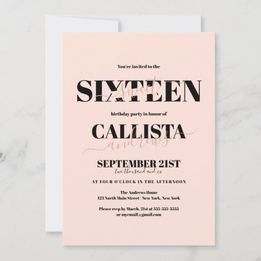 Modernes Minimalistisches Girly Blush Pink Black S Einladung (Vorderseite)