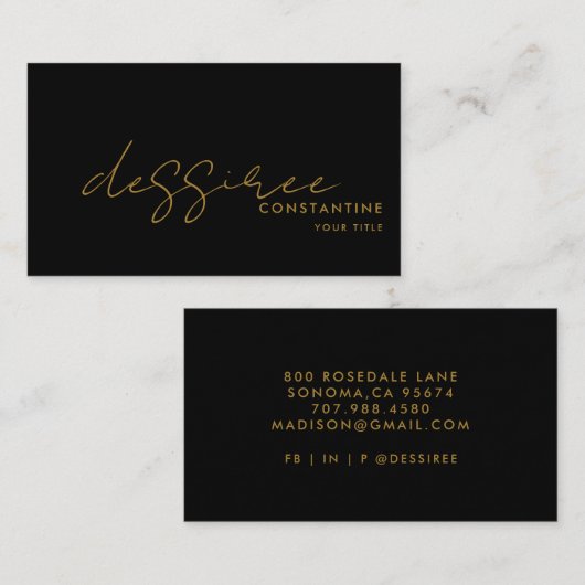 Modernes Minimalistisches Gold Script Black Visitenkarte (Vorne/Hinten)
