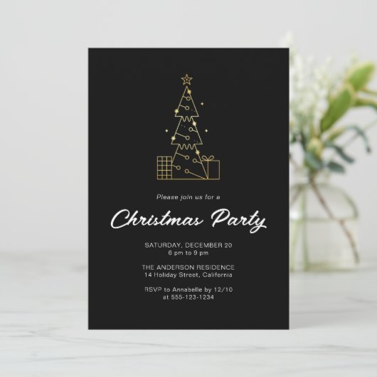 Modernes Minimalistisches Gold Weihnachtsbaum Part Einladung (Stehend Vorderseite)