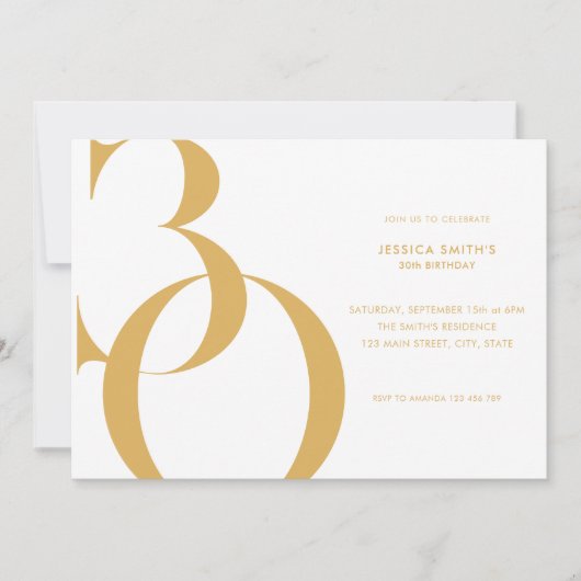Modernes Minimalistisches Gold Weißes 30. Geburtst Einladung (Vorderseite)