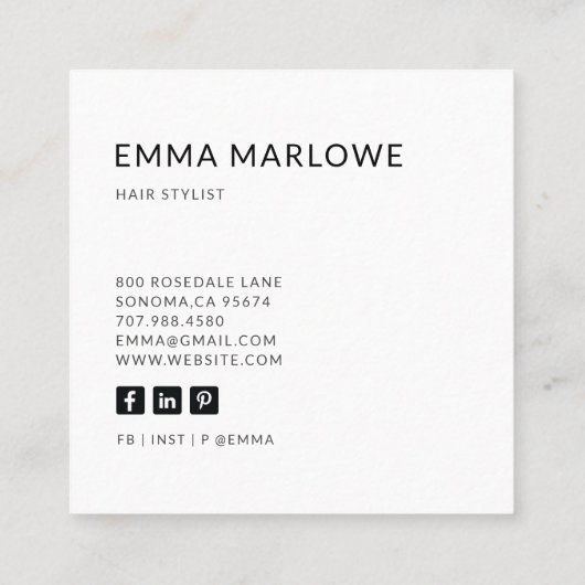 Modernes Minimalistisches Hair Stylist-Foto Quadratische Visitenkarte (Rückseite)