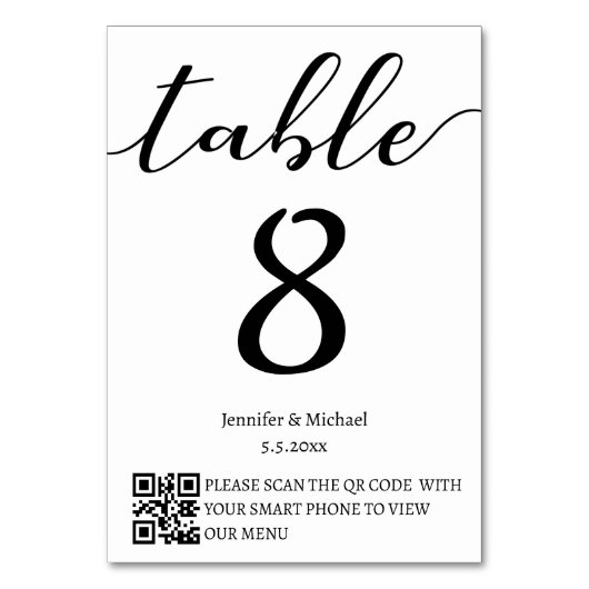 modernes minimalistisches Hochzeitsmenü qr und Tischnummer (Vorderseite)